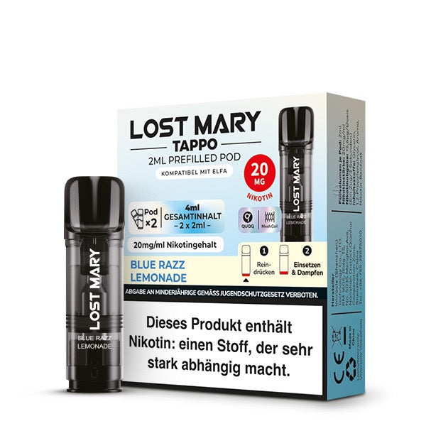 Lost Mary Tappo Pod Blue Razz Lemonade Verpackung und Pod
