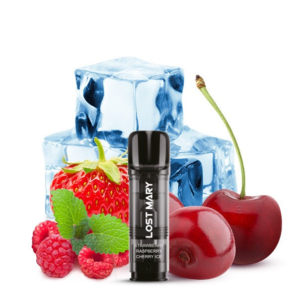 Lost Mary Tappo Pod Strawberry Raspberry Cherry Ice mit Früchten im Hintergrund