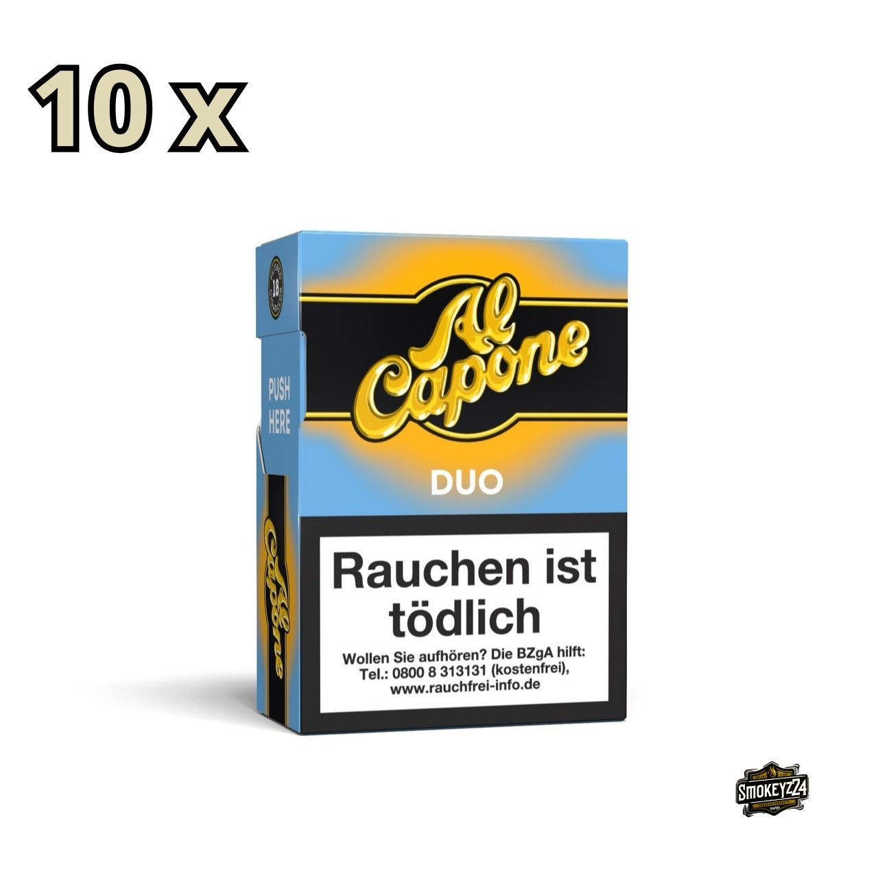 Al Capone Duo Filter Zigarillos 10x18er – Seitenansicht der Vorratsschachtel mit Hinweis auf den süß-salzigen Filterdipp