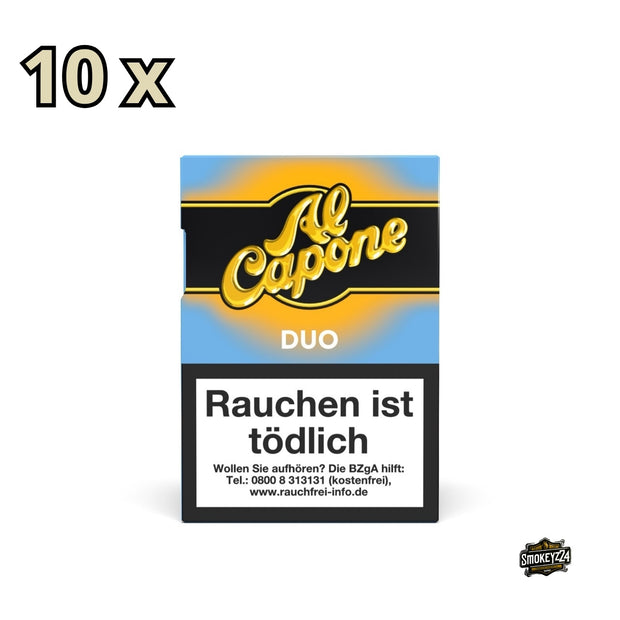 Al Capone Duo Filter Zigarillos 10x18er – Vorderseite des Vorratsgebindes mit aromatisierten Cigarillos im Pocket-Format