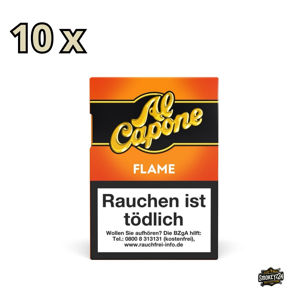 Al Capone Pockets Flame Filter 10x18er – Vorderansicht des Vorratsgebindes mit klassischem Al-Capone-Design