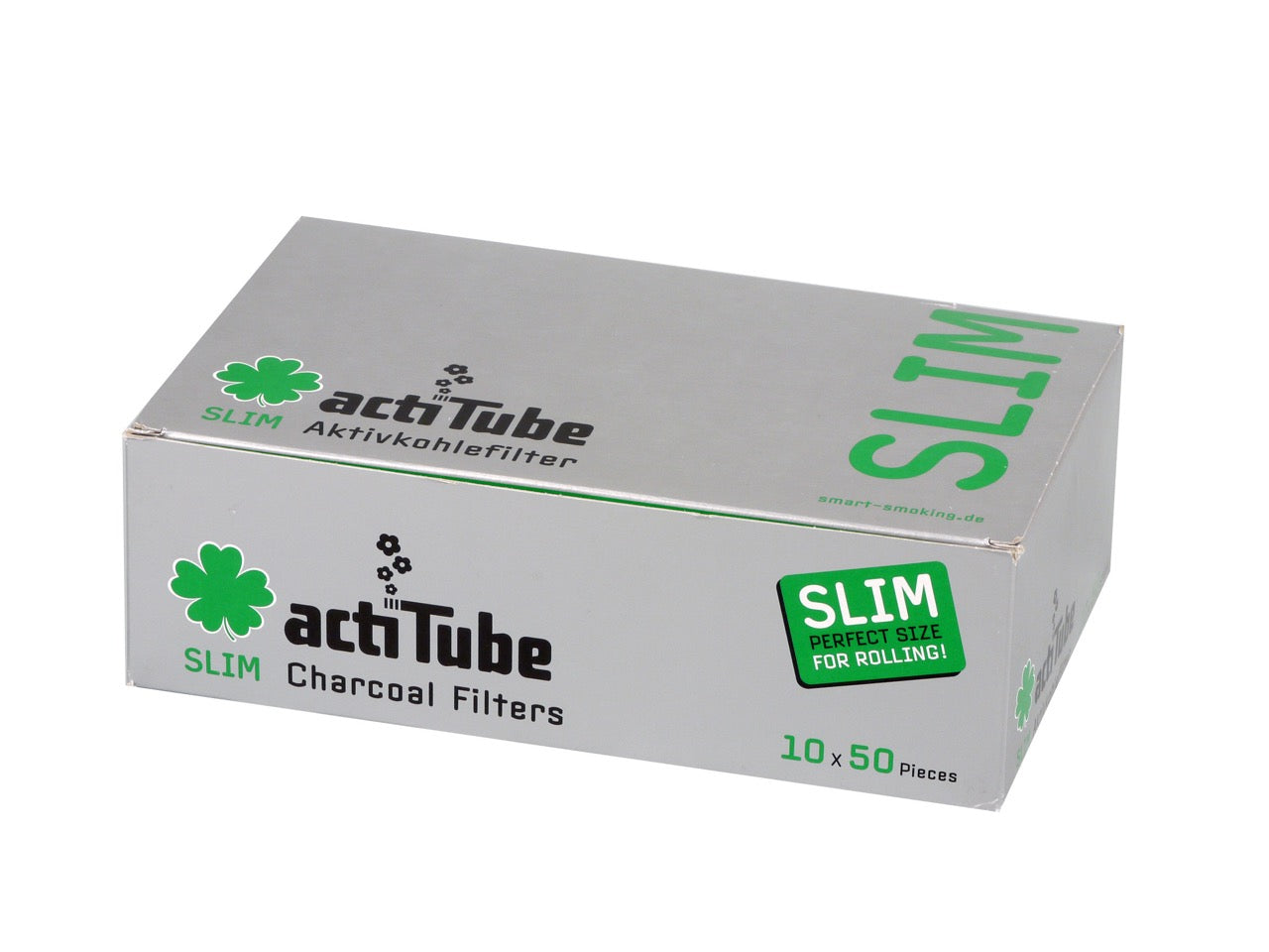 Karton mit 10 Packungen Acti Tube Slim 7mm Aktivkohlefilter, Vorratspack, grüne Verpackungen