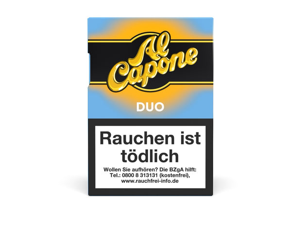Al Capone Pockets Duo Filter 18er – Vorderseite der aromatisierten Zigarillo-Packung mit innovativem Doppelaroma