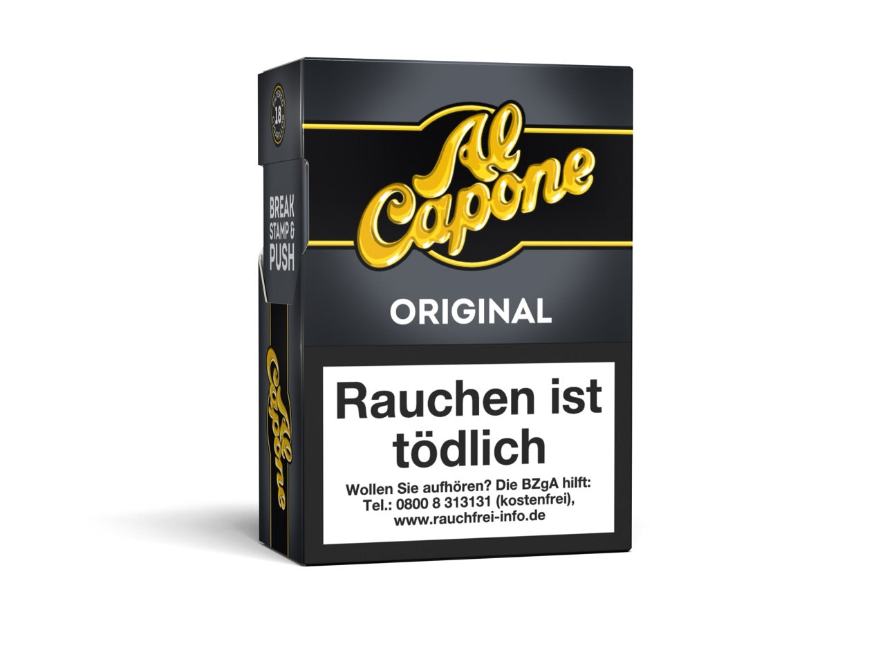 Seitenansicht der Al Capone Pockets Original Filter Zigarillos 18er Packung – klassisches Design im Pocket-Format
