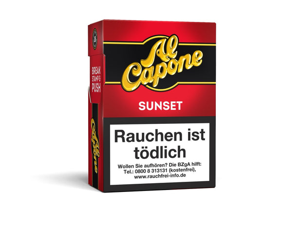 Al Capone Pockets Sunset Filter 18er – Seitenansicht mit Packungsdesign und Filterhinweis