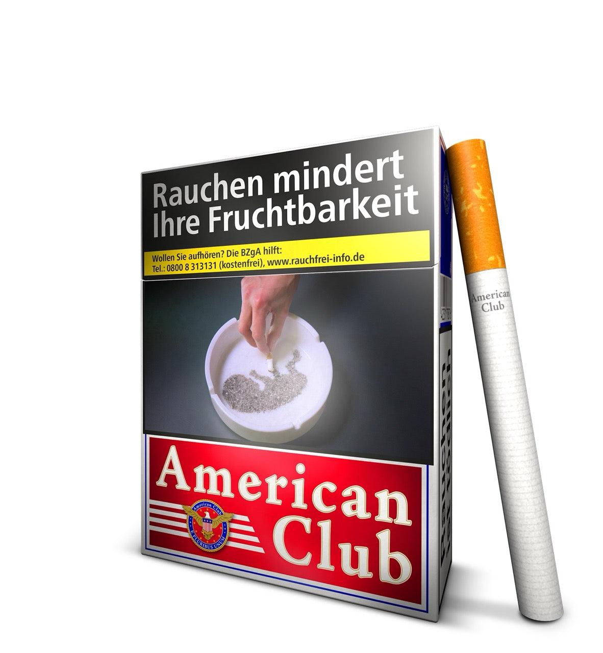 American Club Zigaretten Schachtel leicht seitlich mit angelehnter Zigarette