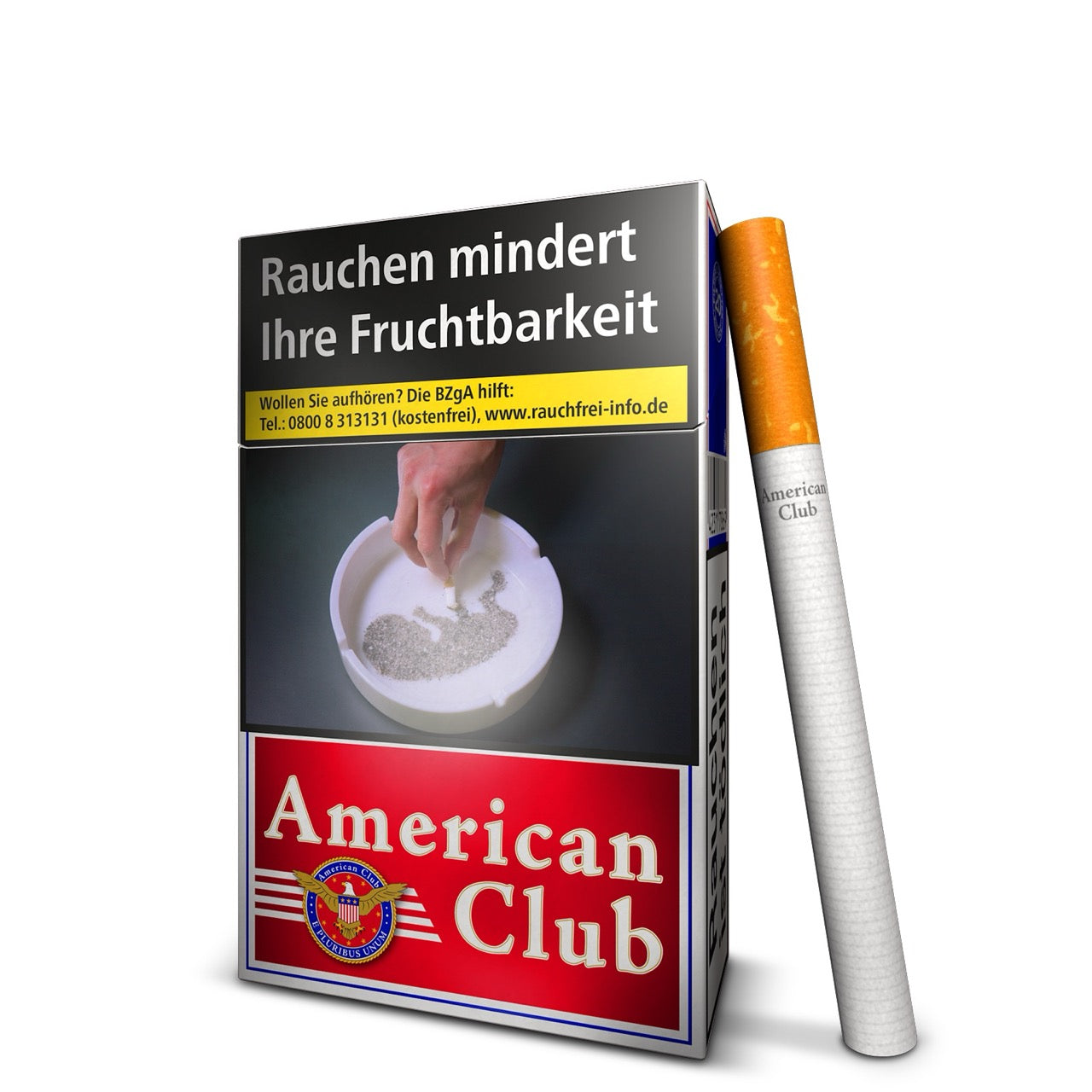 American Club Zigaretten Schachtel leicht seitlich mit angelehnter Zigarette