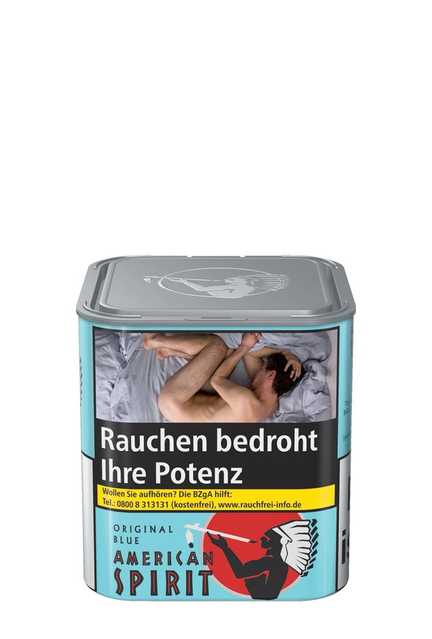 American Spirit Original Blue TIN-S Stopftabak 80g Dose – seitlich aufgenommen, zeigt das eckige Dosenformat.