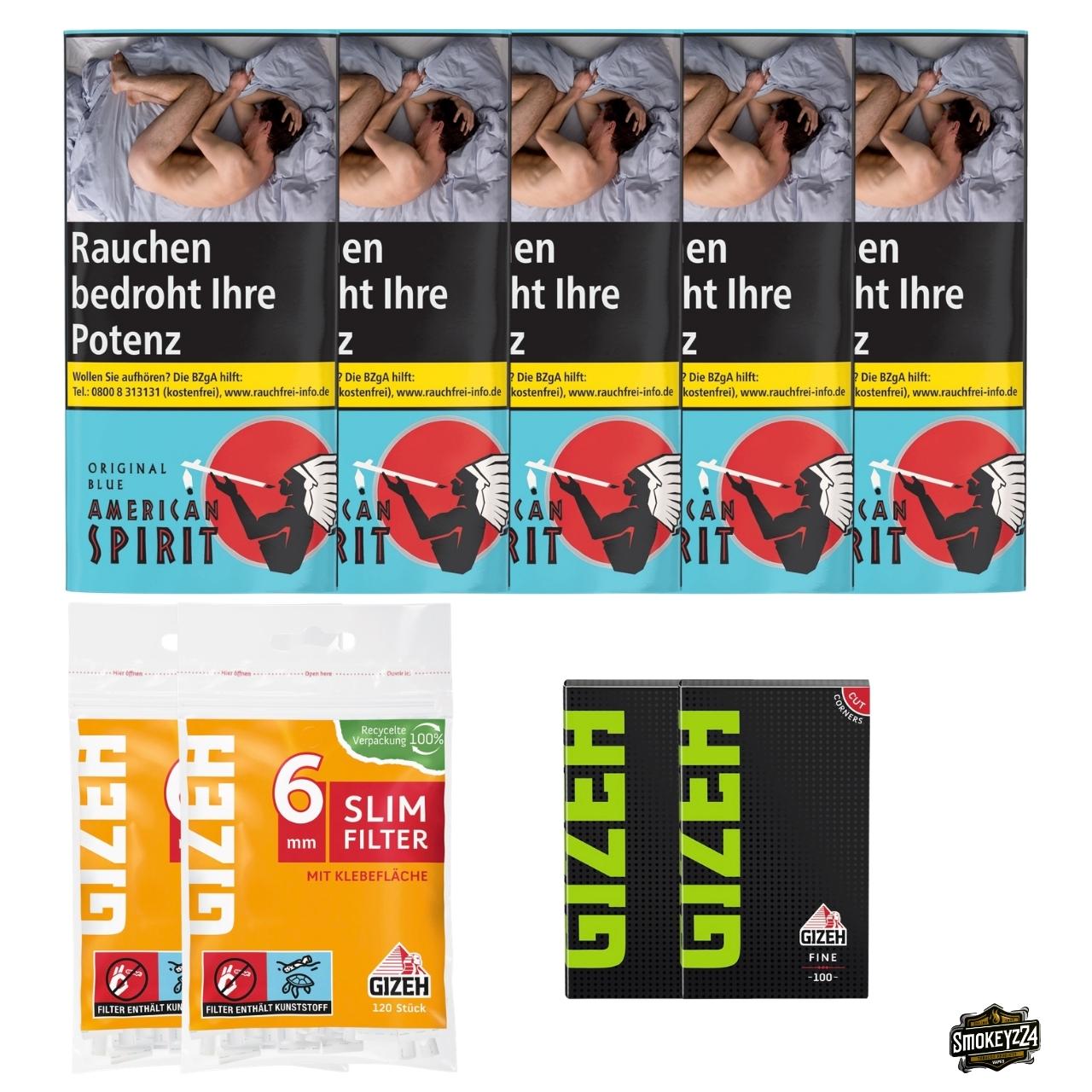 American Spirit Original Blue 5x Pouch Bundle mit GIZEH Black Fine Blättchen und Slim Filtern