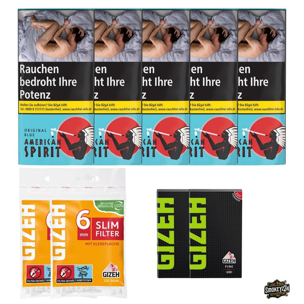 American Spirit Original Blue 5x Pouch Bundle mit GIZEH Black Fine Blättchen und Slim Filtern