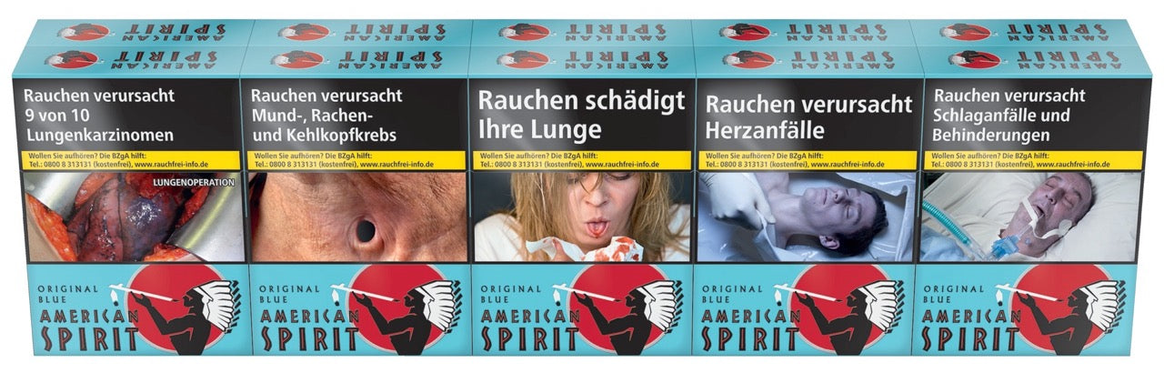 American Spirit Blue Zigaretten Stange – Frontalansicht, nachhaltige Verpackung, ohne Plastikfolie.