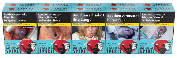American Spirit Blue Zigaretten Stange – Frontalansicht, nachhaltige Verpackung, ohne Plastikfolie.