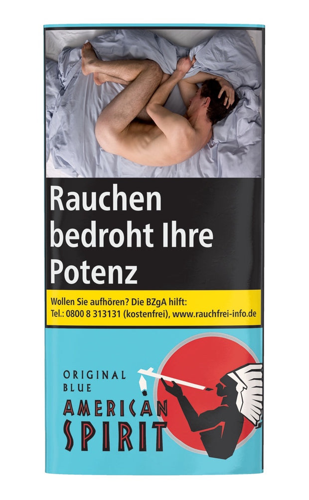 American Spirit Original Blue Drehtabak 30g – Frontalansicht des verschlossenen Pouches mit Fresh-Seal Verschluss