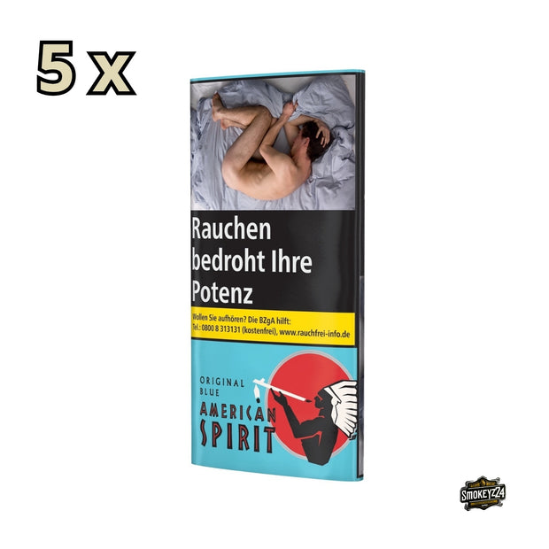 American Spirit Original Blue Drehtabak 5x30g – Vorratspack seitlich fotografiert, zeigt mehrere Fresh-Seal Pouches