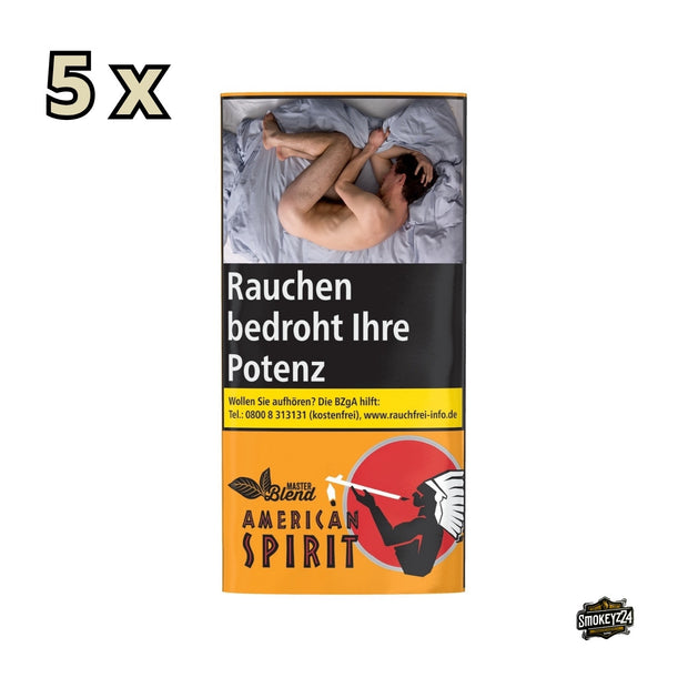 American Spirit Master Blend Gold Drehtabak Gebinde 5x30g – Frontalansicht der fünf goldfarbenen Pouches im Bündel