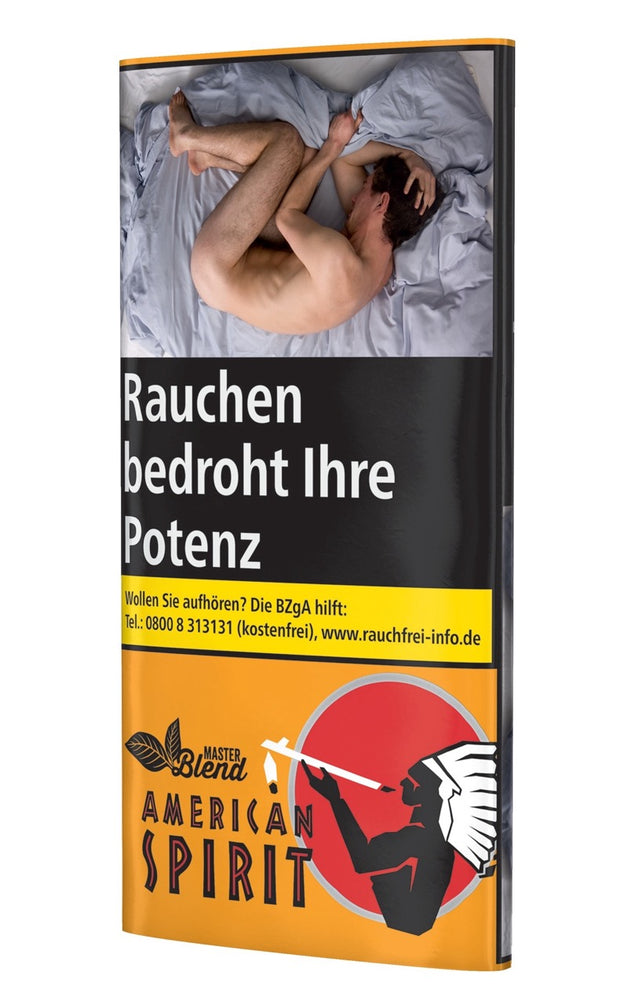 American Spirit Master Blend Gold Drehtabak 30g Pouch – leicht seitlich fotografiert, goldfarbener Tabakbeutel