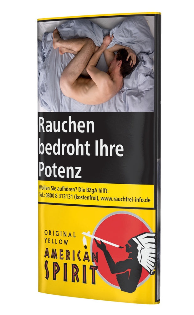 American Spirit Original Yellow Drehtabak 30g – leicht seitlich fotografierter Pouch, gelbes Design gut erkennbar