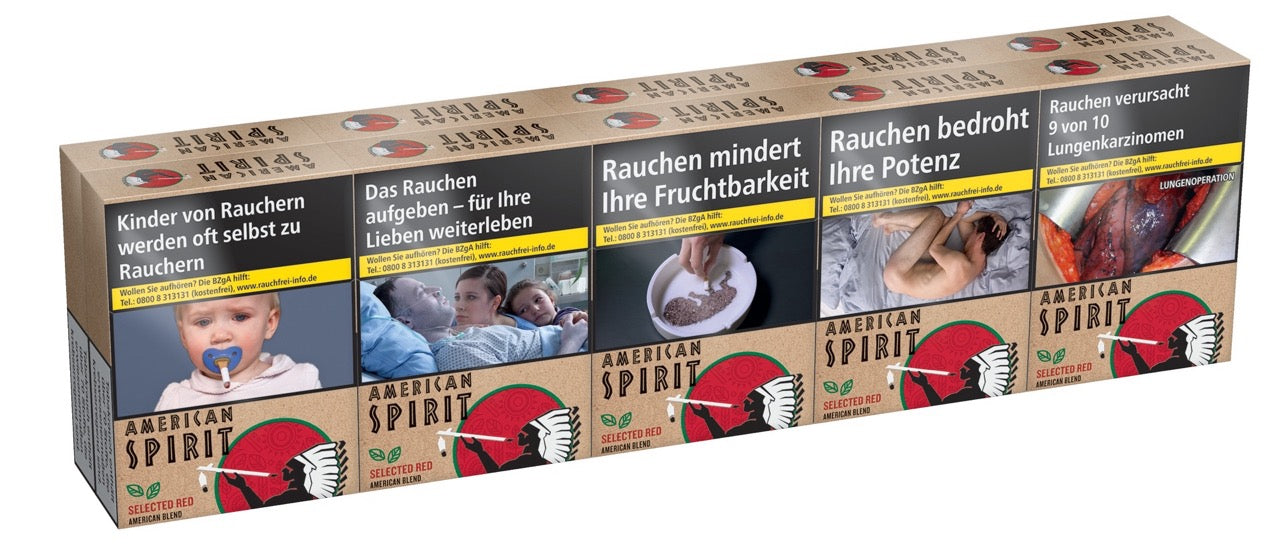 American Spirit Red Zigaretten Stange seitlich – Vorratspackung, kräftige Sorte, nachhaltiges Design.