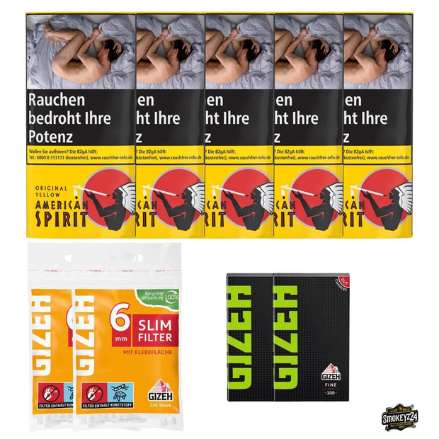 American Spirit Original Yellow 5x Pouch Bundle mit GIZEH Black Fine Blättchen und Slim Filtern