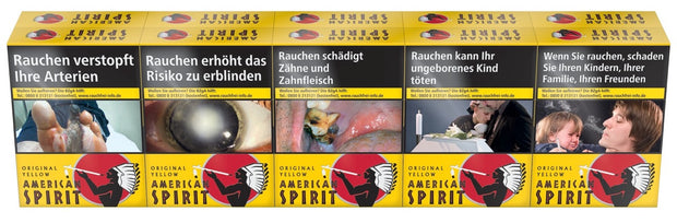 American Spirit Yellow Zigaretten Stange frontal – nachhaltige Verpackung ohne Plastikfolie, gelbes Design.