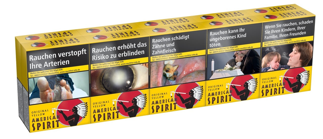 American Spirit Yellow Zigaretten Stange seitlich fotografiert – Vorratspackung, sonnengelb, natürlicher Tabak.