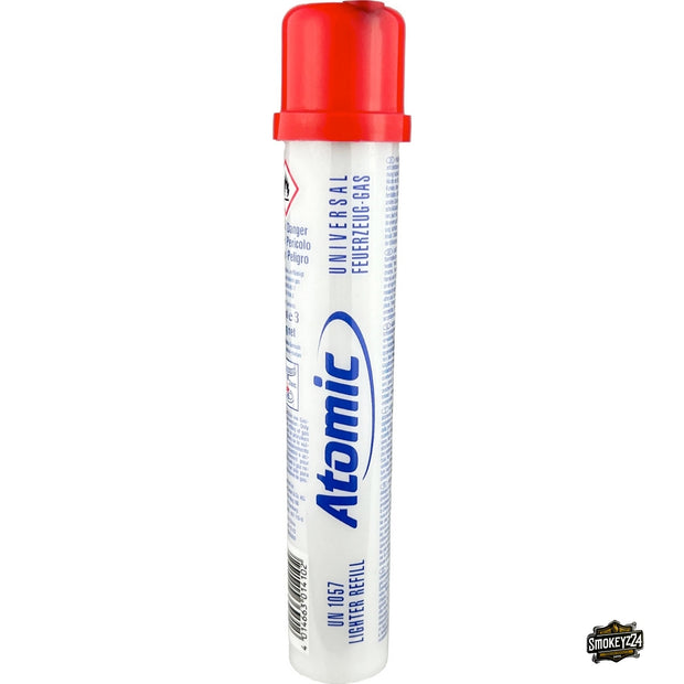 Atomic Feuerzeuggas 65 ml Flasche mit roter Kappe, frontal