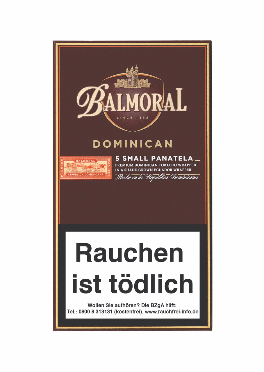 Verpackung mit fünf Balmoral Small Panatela Zigarren, einzeln cellophaniert