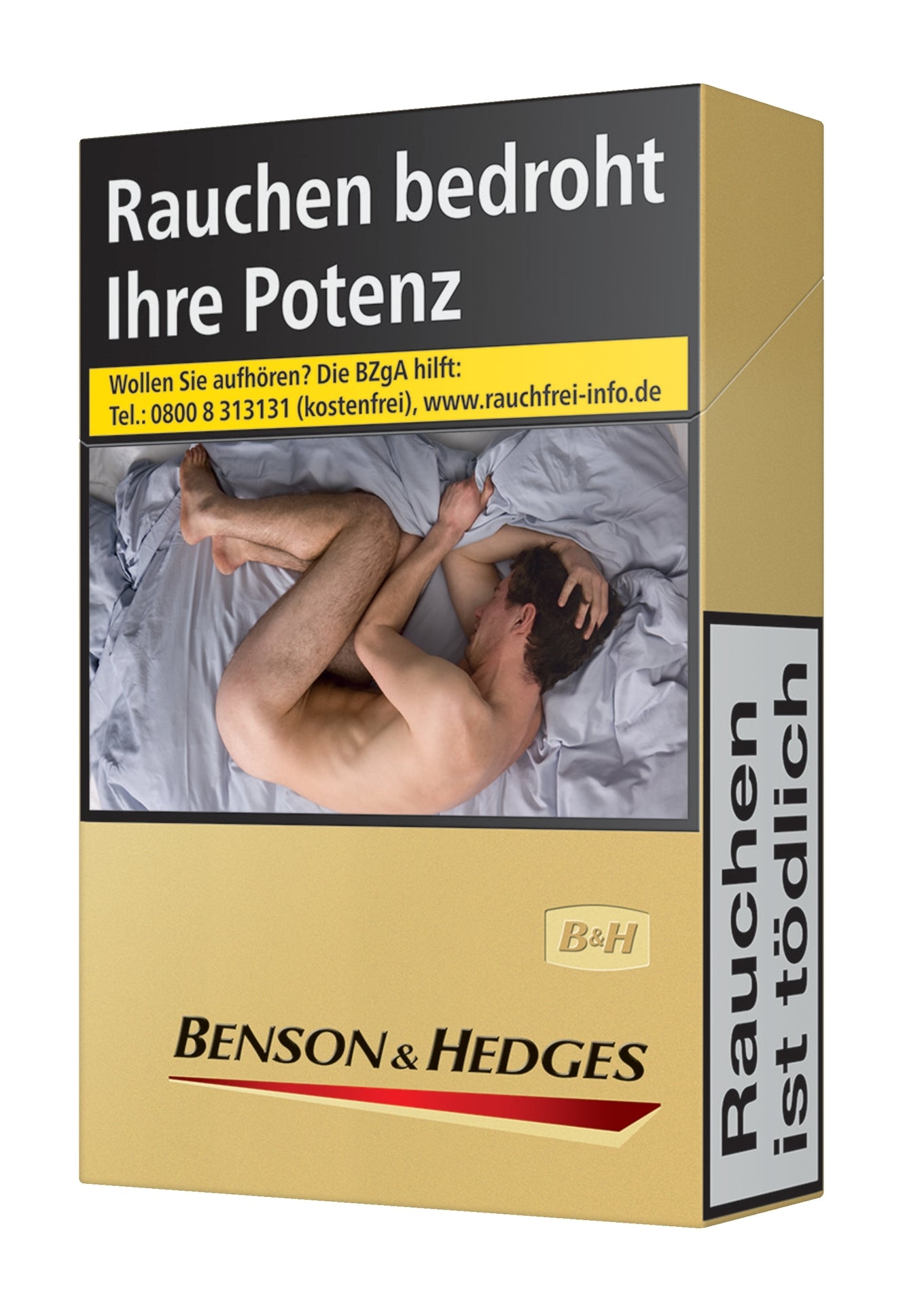Benson & Hedges Gold Zigaretten Einzelpackung, King Size, seitlich fotografiert, elegantes Gold-Design