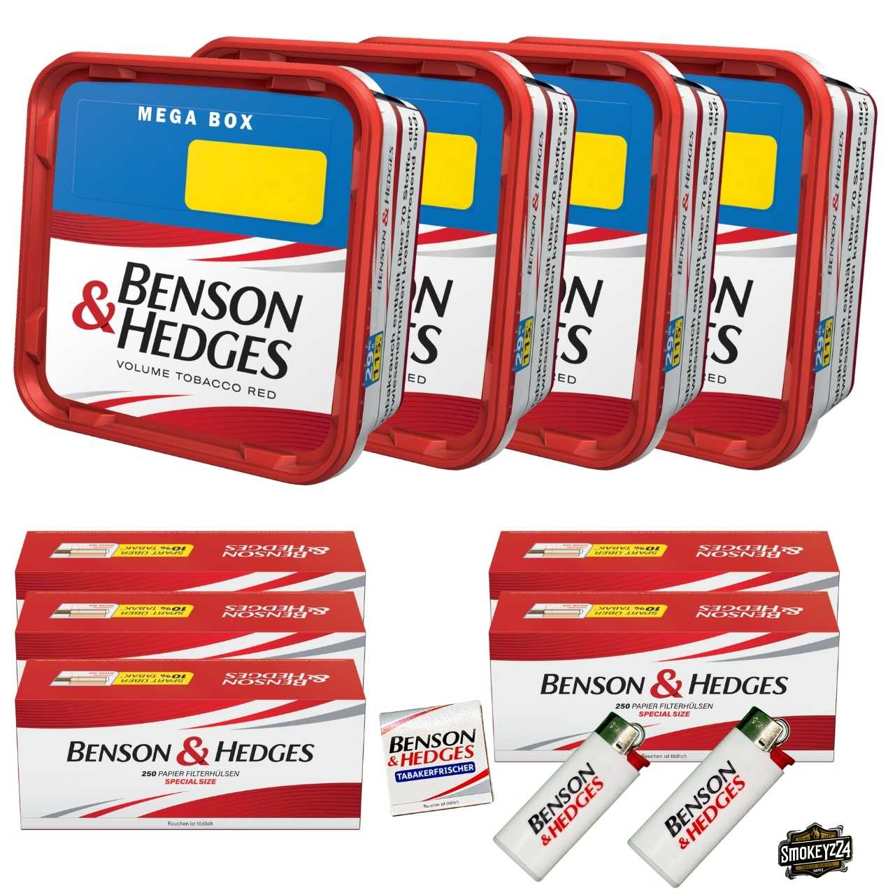Benson & Hedges Volume Red Mega Box Bundle mit Hülsen, Feuerzeugen und Tabakerfrischer