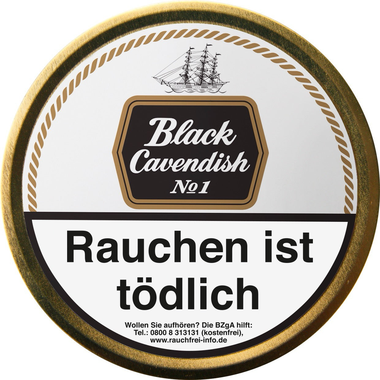 Black Cavendish No. 1 Pfeifentabak 100g Dose, schwarz-goldenes Design, frontal fotografiert