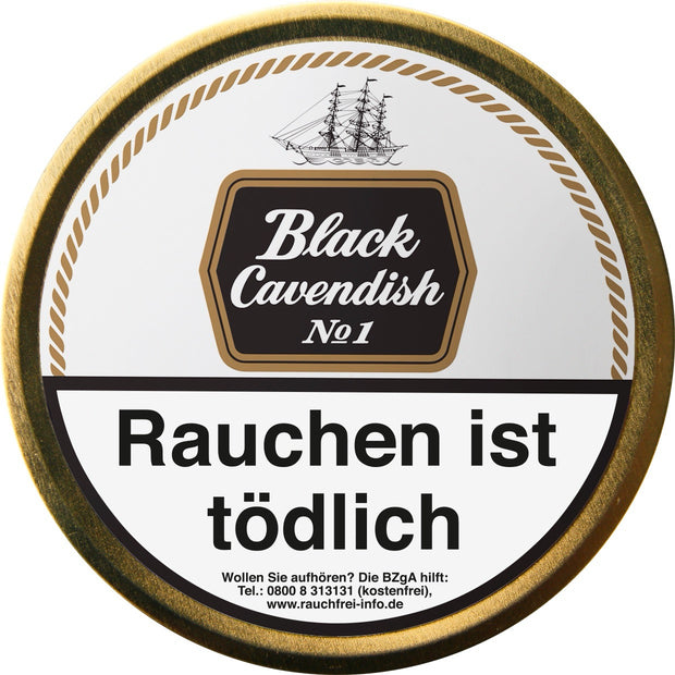 Black Cavendish No. 1 Pfeifentabak 100g Dose, schwarz-goldenes Design, frontal fotografiert