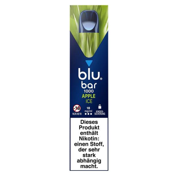 Erfrischender Apfel trifft kühle Frische: Blu Bar 1000 Apple Ice – Einweg E-Zigarette mit 18 mg Nikotinsalz und bis zu 1000 Zügen purer Apfelgenuss.