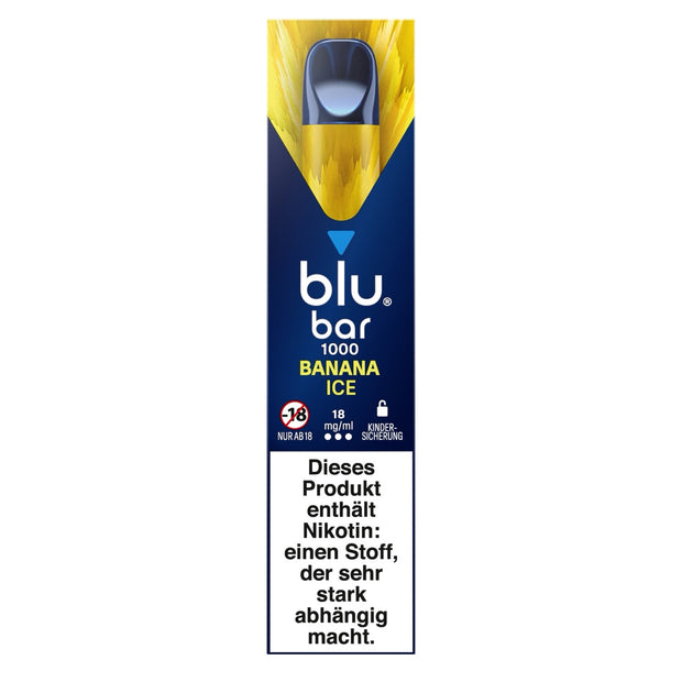 Verpackung der Blu Bar 1000 Banana Ice Einweg-E-Zigarette mit 18 mg Nikotin – gelb-blaues Design mit Bananenmotiv und Produktabbildung