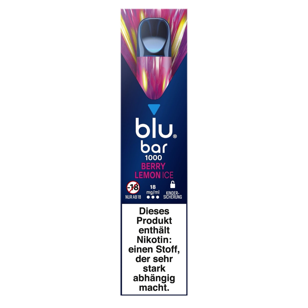 Verpackung der Blu Bar 1000 Berry Lemon Ice Einweg-E-Zigarette mit 18 mg Nikotin – violettes Design mit Beeren und Zitronen auf Eis