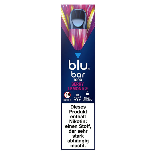 Verpackung der Blu Bar 1000 Berry Lemon Ice Einweg-E-Zigarette mit 18 mg Nikotin – violettes Design mit Beeren und Zitronen auf Eis