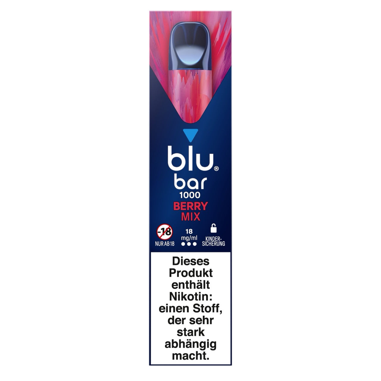 Verpackung der Blu Bar 1000 Berry Mix Einweg-E-Zigarette mit 18 mg Nikotin – buntes Design mit Beerenfrüchten abgebildet