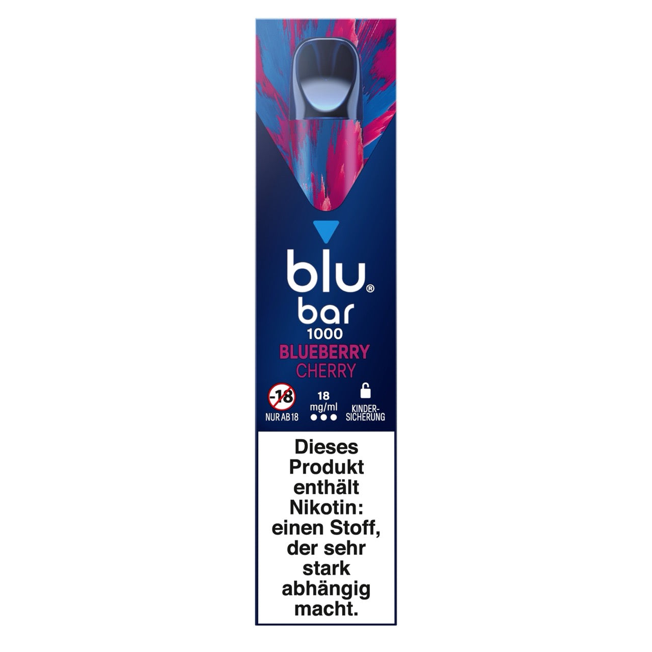 Verpackung der Blu Bar 1000 Blueberry Cherry Einweg-E-Zigarette mit 18 mg Nikotin – rot-lila Design mit Blaubeeren und Kirschen