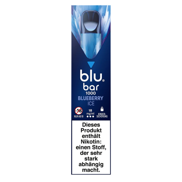Verpackung der Blu Bar 1000 Blueberry Ice Einweg-E-Zigarette mit 18 mg Nikotin – dunkelblaues Design mit Blaubeeren und stylischem Vape-Gerät