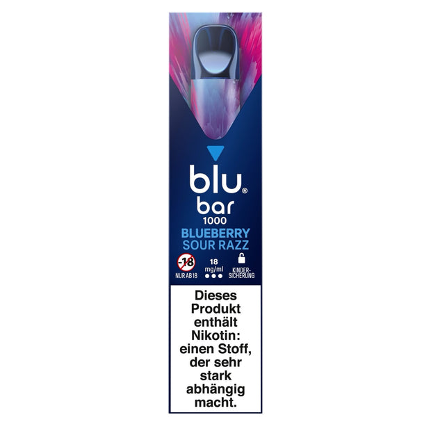 Verpackung der Blu Bar 1000 Blueberry Sour Razz Einweg-E-Zigarette mit 18 mg Nikotin – Blaubeeren, Himbeeren und Eiskristalle auf stylischem Design