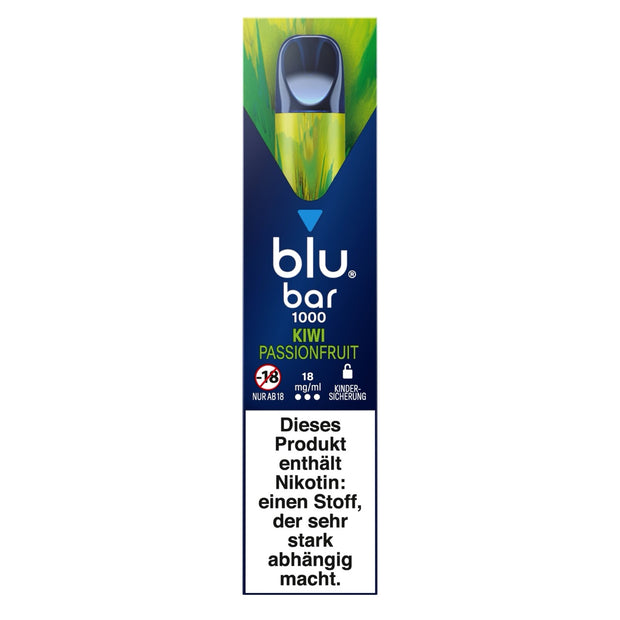 Verpackung der Blu Bar 1000 Kiwi Passionfruit Einweg-E-Zigarette mit 18 mg Nikotin – grün-gelbes Design mit Kiwi-Abbildung
