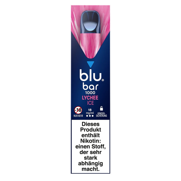 Verpackung der Blu Bar 1000 Lychee Ice Einweg-E-Zigarette mit 18 mg Nikotin – Abbildung von Litschis
