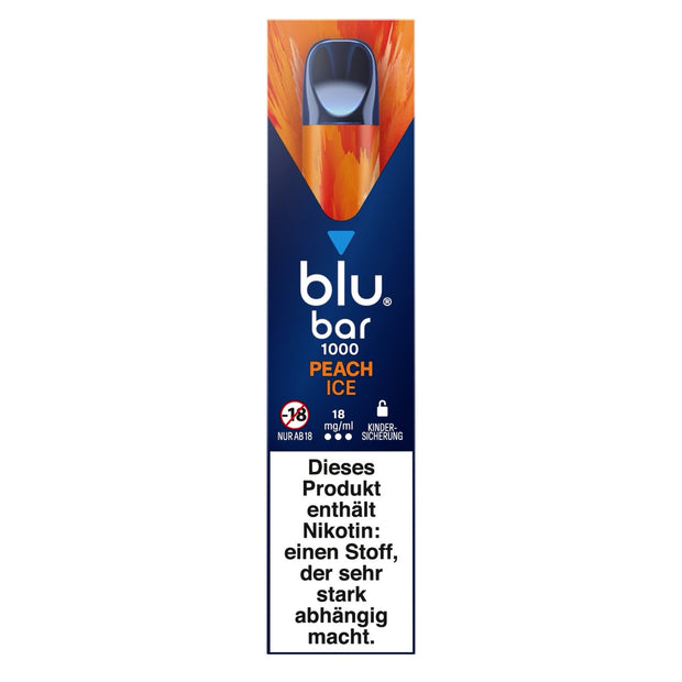 Verpackung der Blu Bar 1000 Peach Ice Einweg-E-Zigarette mit 18 mg Nikotin – zartes Design mit Pfirsichgrafik und eisblauer Akzentfarbe