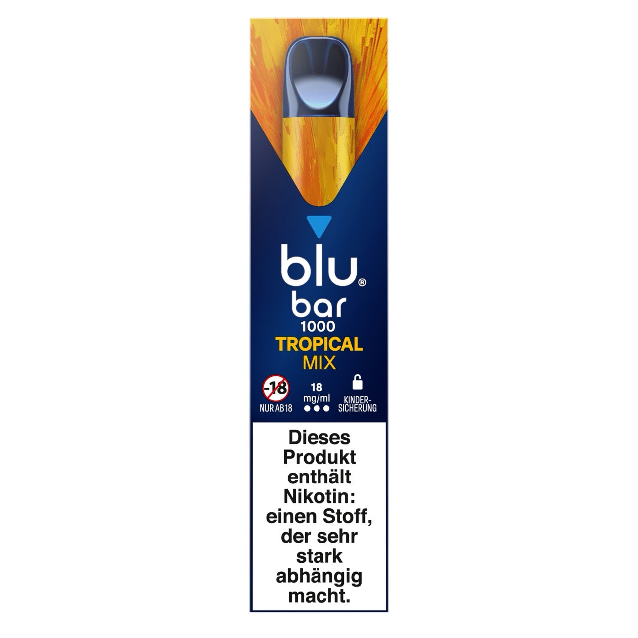 Verpackung der Blu Bar 1000 Tropical Mix Einweg-E-Zigarette mit 18 mg Nikotin