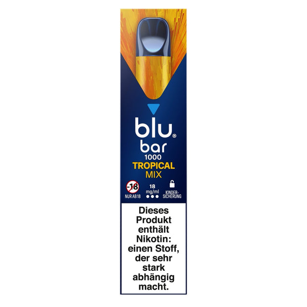 Verpackung der Blu Bar 1000 Tropical Mix Einweg-E-Zigarette mit 18 mg Nikotin