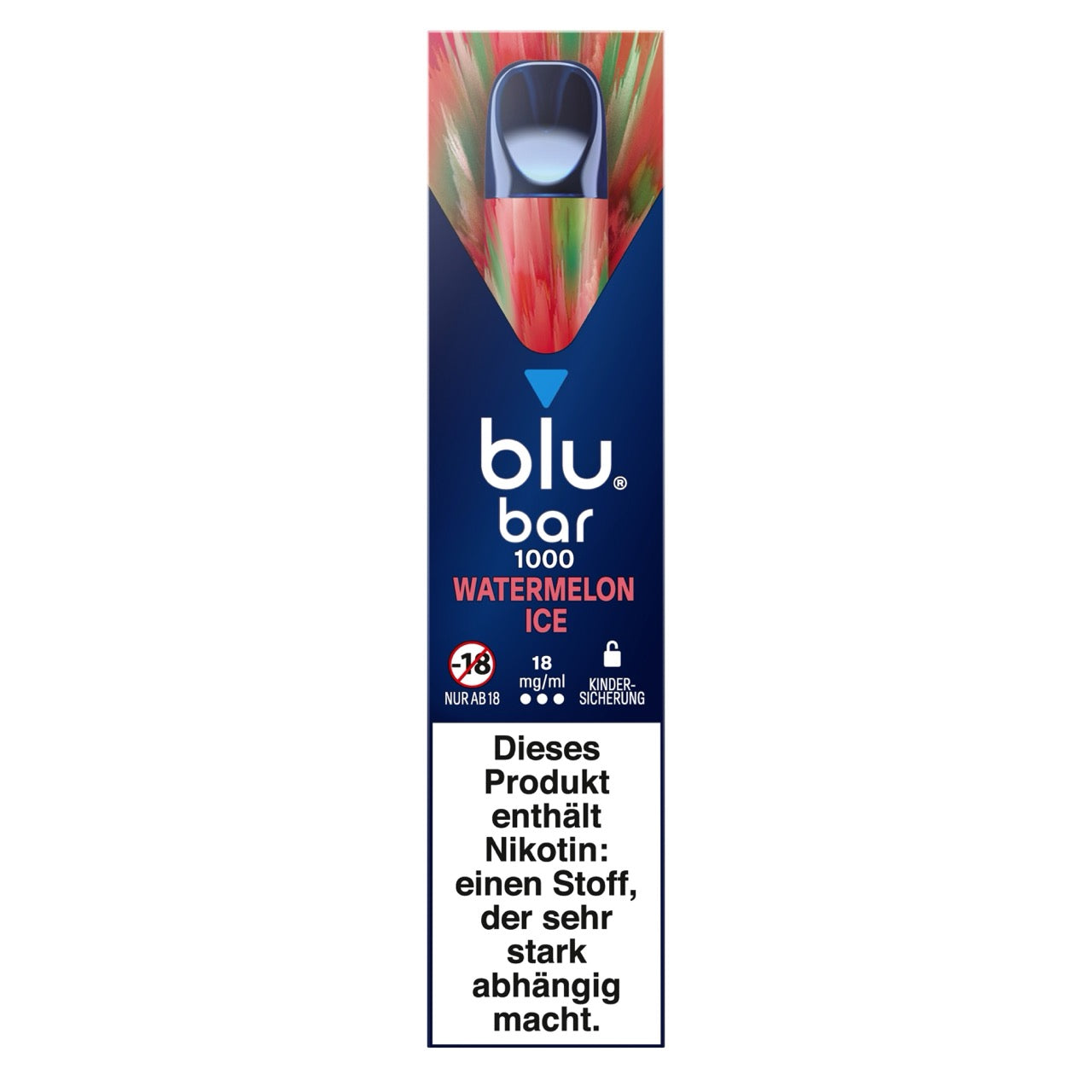 Verpackung der Blu Bar 1000 Watermelon Ice Einweg-E-Zigarette mit 18 mg Nikotin – rotes Design mit Wassermelonenmotiv und eisigem Look