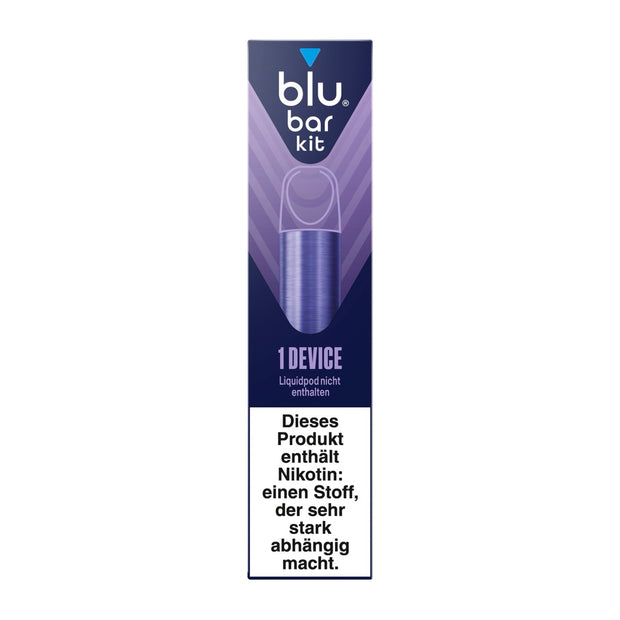 Verpackung des Blu Bar Kit Device in Blau mit dem E-Zigaretten-Gerät im Lieferumfang