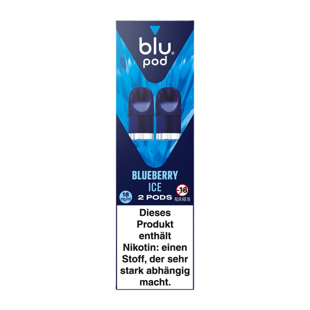 Verpackung des Blu Bar Kit Pods Blueberry Ice 18 mg in Blau mit hellblauem Farbakzent