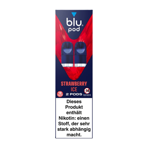Verpackung des Blu Bar Kit Pods Strawberry Ice 18 mg in Blau mit rotem Farbakzent