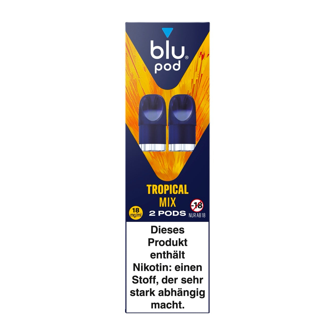 Verpackung des Blu Bar Kit Pods Tropical Mix 18 mg in Blau mit orangem Farbakzent