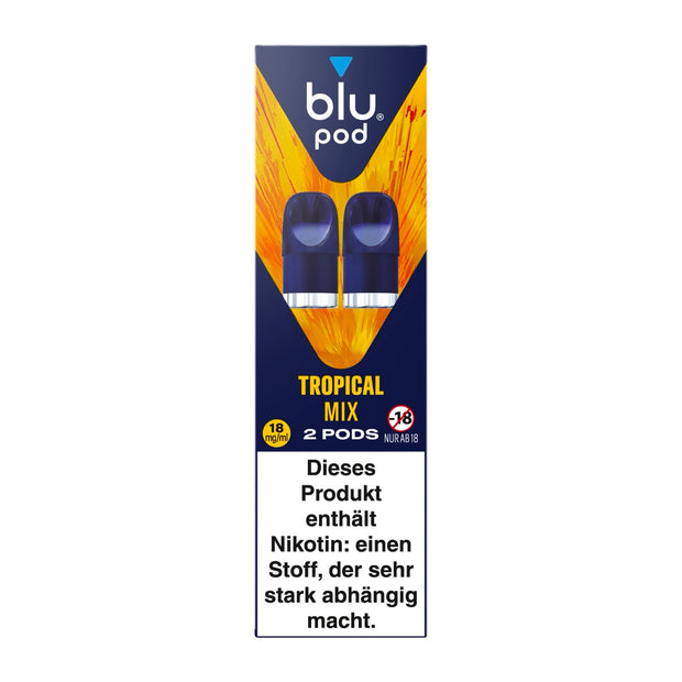 Verpackung des Blu Bar Kit Pods Tropical Mix 18 mg in Blau mit orangem Farbakzent